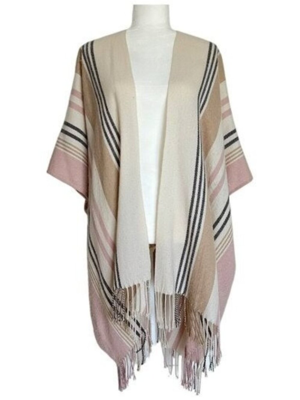 Loft Pink Cream Striped Fringe Open Front Poncho